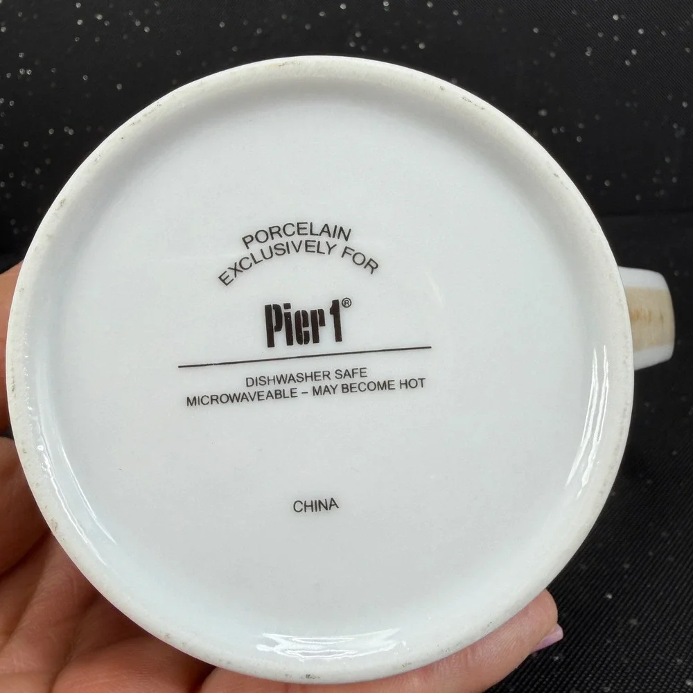 Pier 1 Imports Porcelain Coffee Mug Letter M Monogram Orange Tan Wood Grain 4in